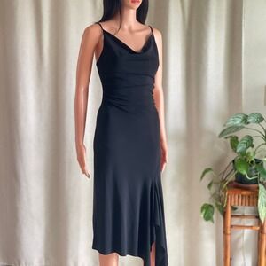 Vintage Y2K Ruby Womens Black Cowl Neck Ruched Midi Slip Dress LBD Size M